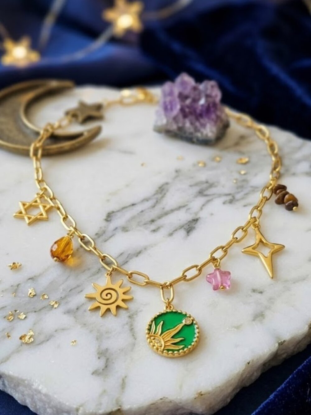 18K Gold Plated Celestial Sun Star Charm Paperclip Necklace 316L Steel 18"